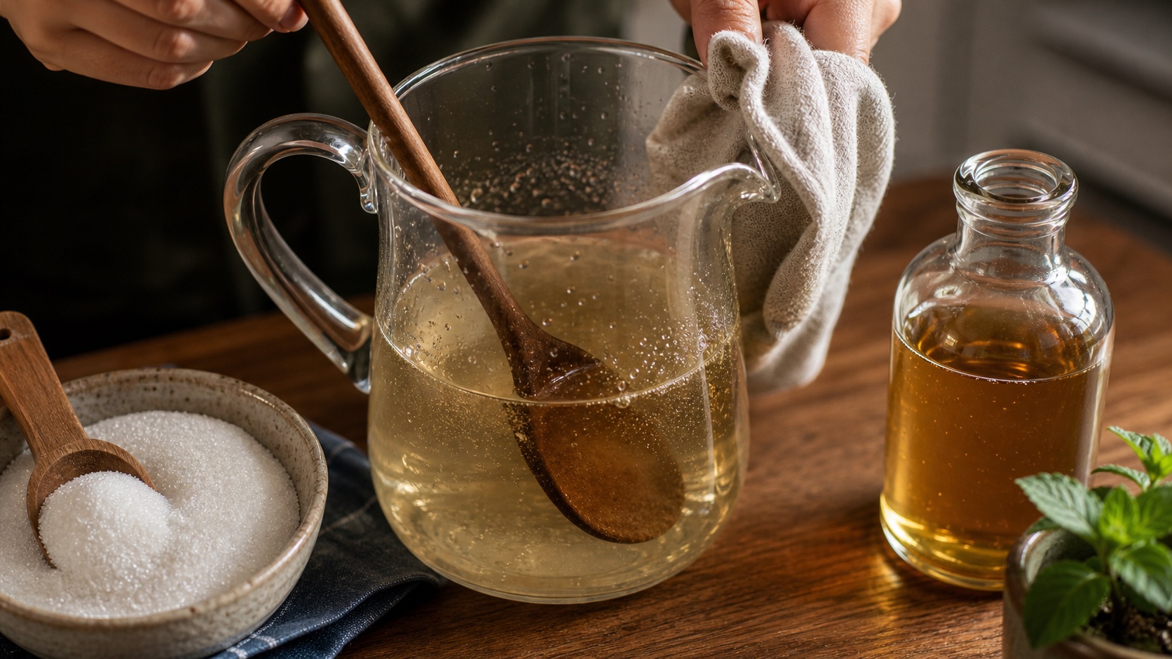 A wooden spoon stirring concentrated 3:1 simple syrup in a clear pitcher while the rim is wiped clean.