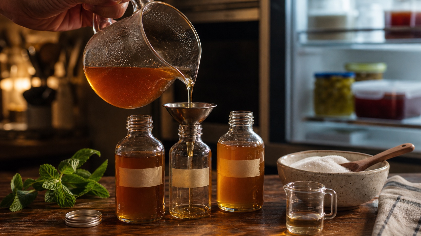 Dense amber 3:1 syrup being poured from a pitcher into small storage bottles beside an open refrigerator.