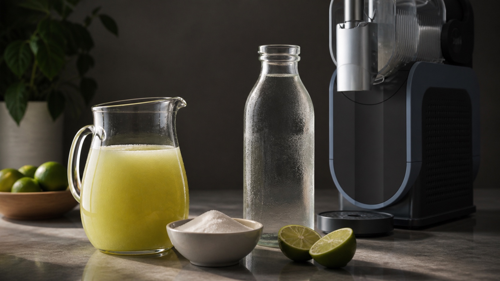 Measured citrus drink, sugar, water, limes, and a countertop Ninja SLUSHi-style machine ready for a complete batch.