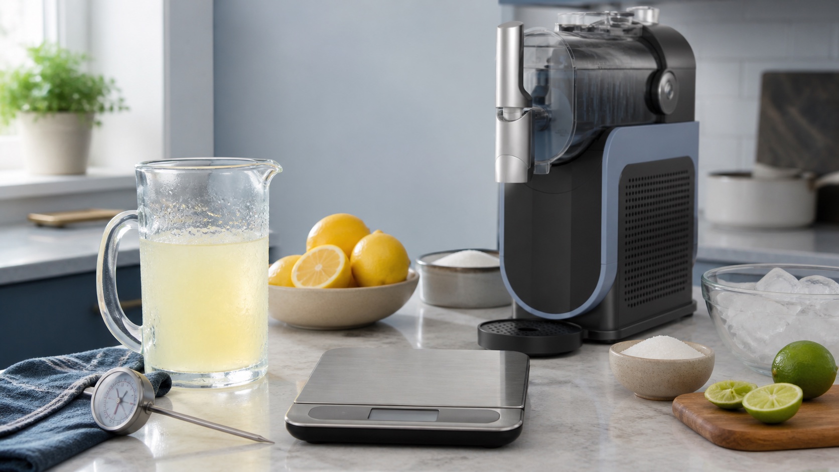 Chilled citrus mix, kitchen scale, thermometer, and a Ninja SLUSHi-style machine arranged for a measured batch.