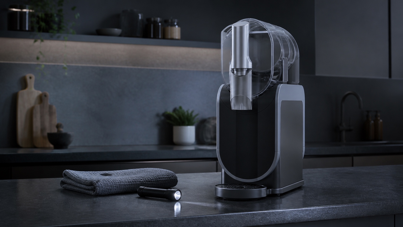Powered-off countertop slush machine with a towel and flashlight placed beside it for a dry underside inspection.