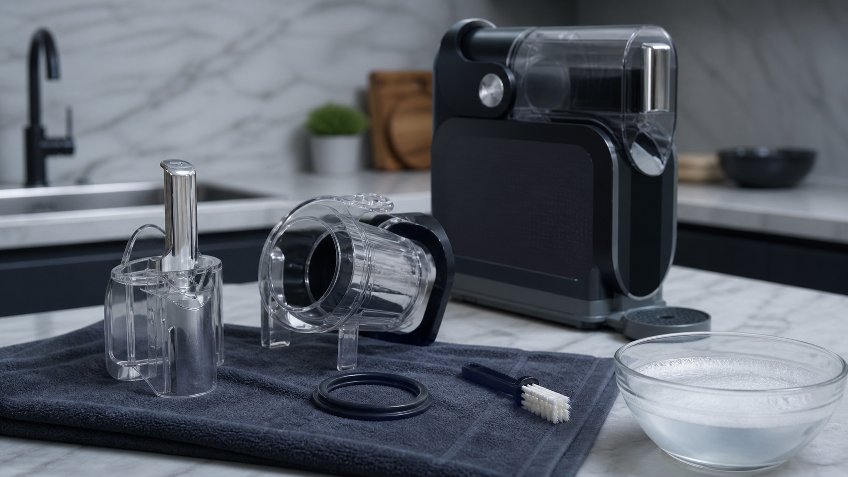 Clean rubber gasket and removable dispensing parts arranged on a towel beside a countertop slush machine.
