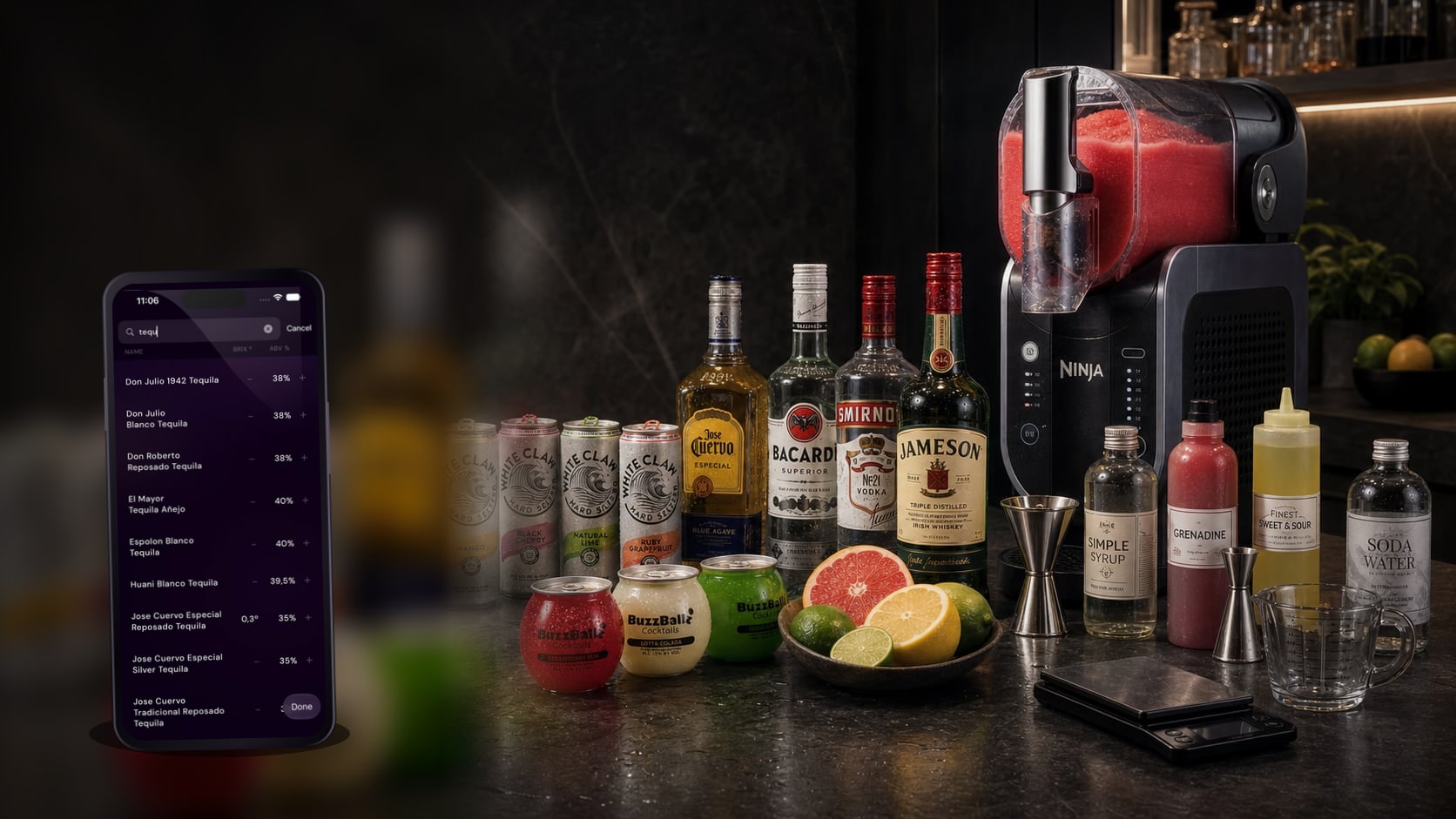 An iPhone showing Slushable ingredient search placed on a dark bar counter beside White Claw cans, BuzzBallz cocktails, branded spirits, syrups, citrus, measuring tools, and a Ninja SLUSHi filled with red slush.