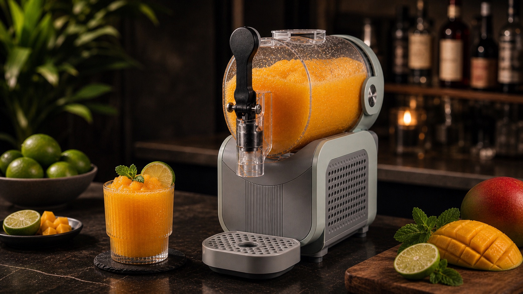 Close-up of a Ninja SLUSHi-style countertop home slush machine with mango-orange slush in the horizontal chamber, front handle, spout, drip tray, and a finished glass beside it.