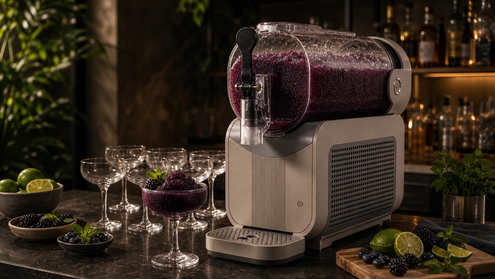 Larger Ninja SLUSHi Max-style countertop frozen drink machine filled with blackberry-purple slush, with empty coupe glasses nearby for party-size batch planning.
