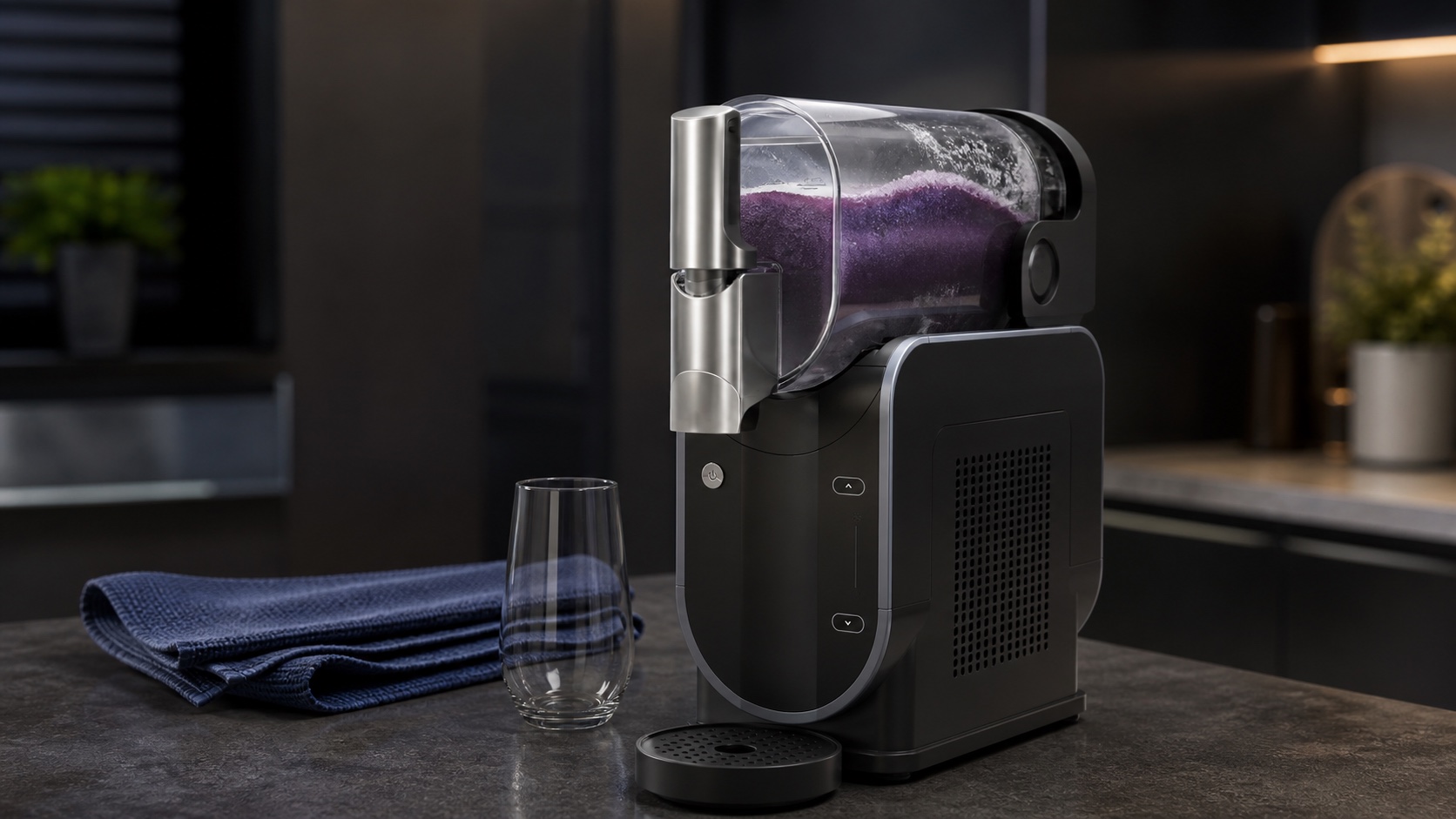 Powered-off Ninja SLUSHi-style machine with a hard purple slush ridge softening in the clear chamber beside a folded towel.