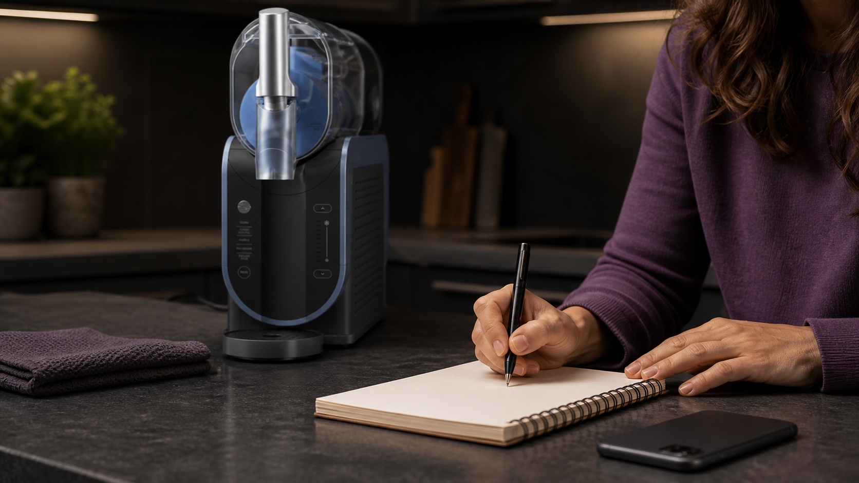 Woman writing support notes beside a powered-off Ninja SLUSHi-style machine, face-down phone, and folded towel.