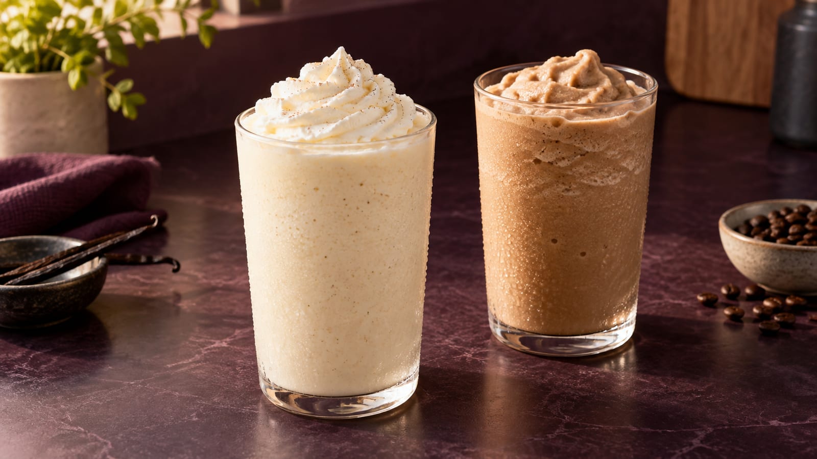 Illustrative vanilla milkshake and coffee frappé in two unbranded glasses