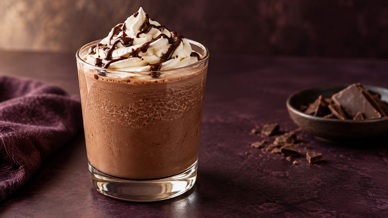 Illustrative chocolate milkshake with whipped cream and chocolate drizzle in an unbranded glass