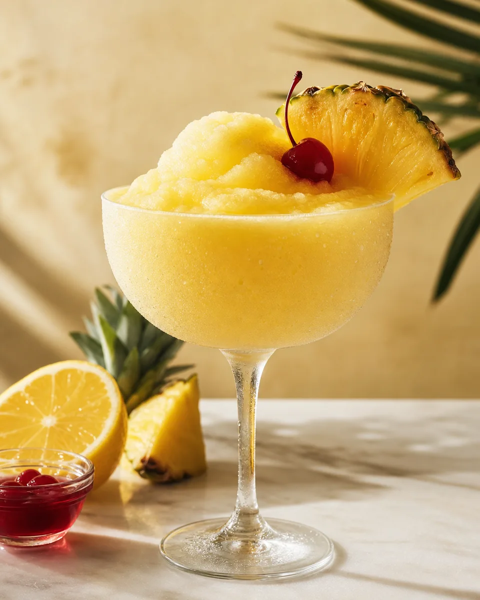 Alcohol-free almond pineapple sour slush with a golden yellow icy texture