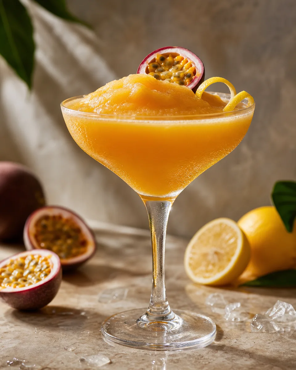 Alcohol-free passion fruit martini slush in a chilled glass with a golden tropical color