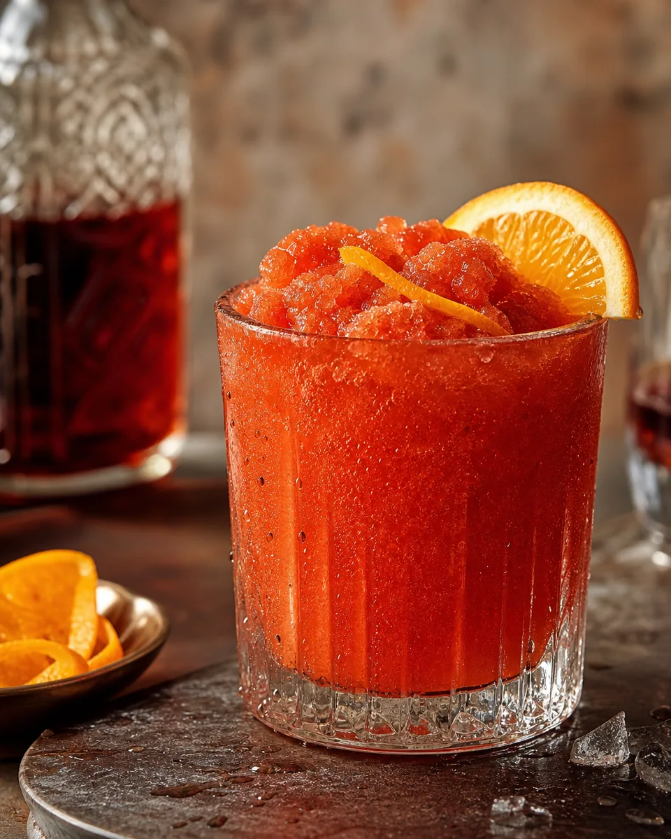 Americano Slush with a deep red-orange Campari color in a chilled glass