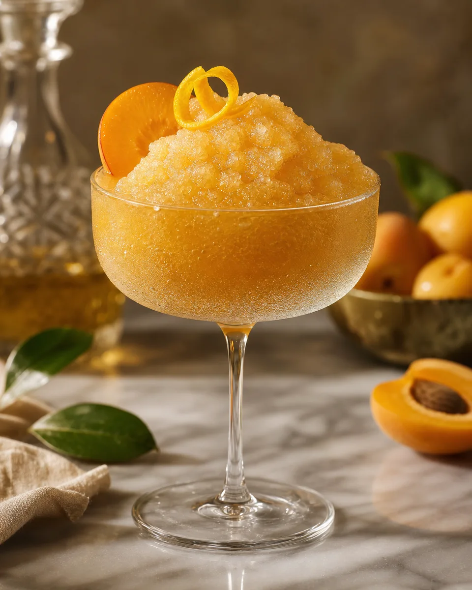 Angel Face Slush with a golden apricot hue in a chilled cocktail glass