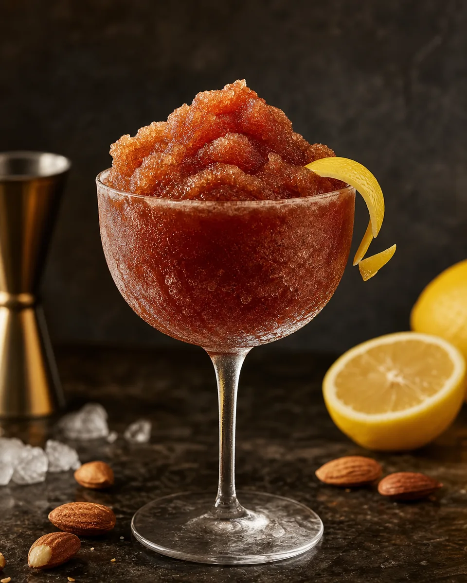 Trinidad Sour Slush with a deep reddish-brown icy texture in a glass