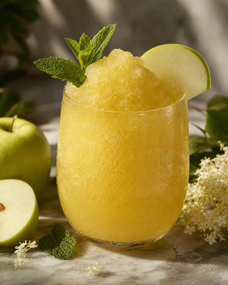 Apple Elderflower Mint Sparkle Slush in a chilled glass