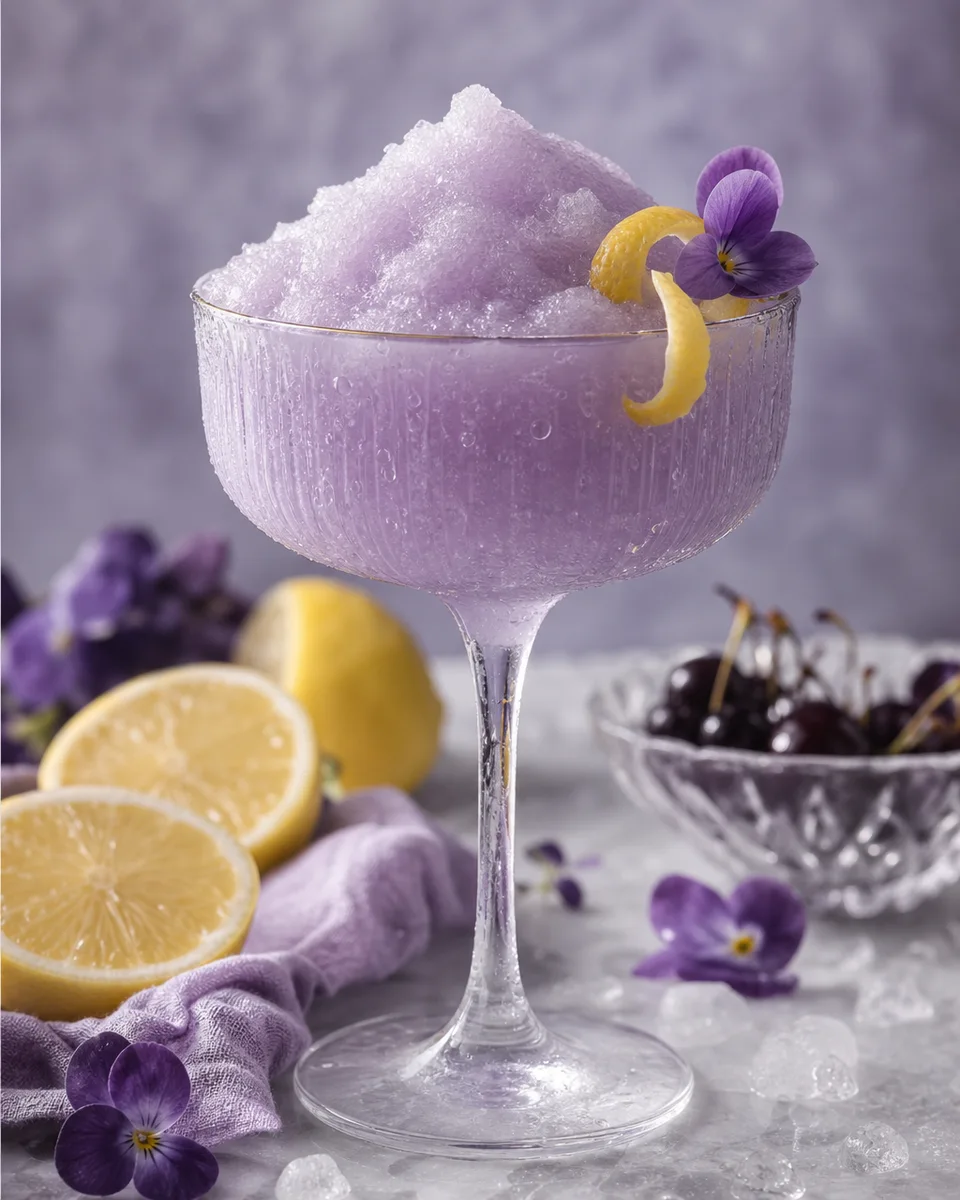 Pale violet Aviation Slush served icy in a cocktail glass
