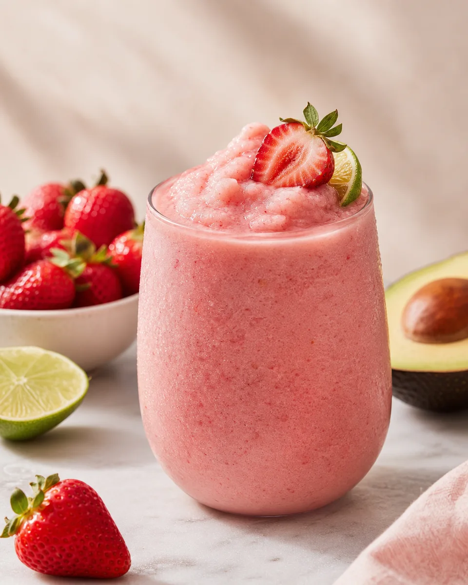 Pink avocado strawberry smoothie slush in a chilled glass