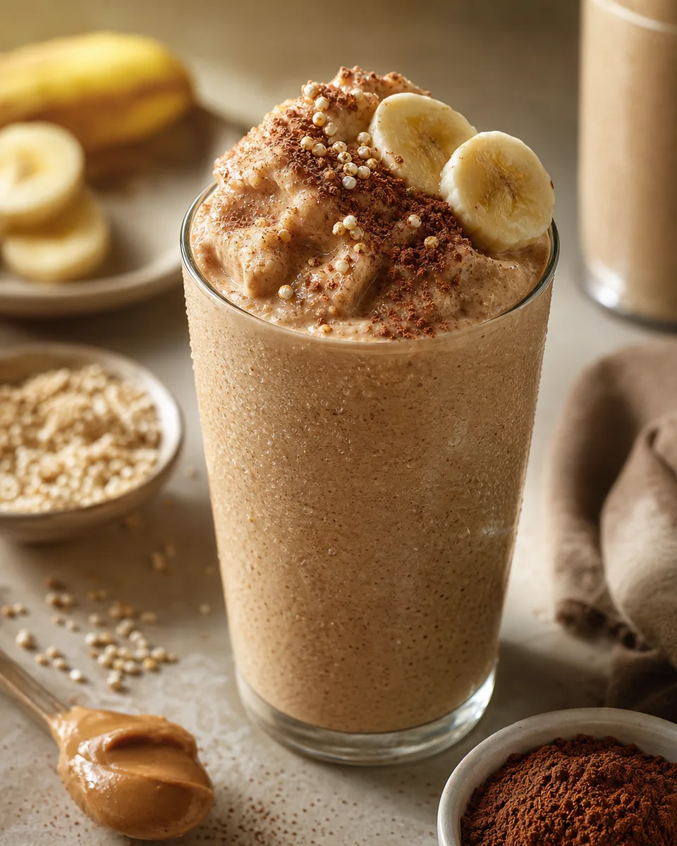 Banana almond cocoa protein shake in a glass with a creamy tan texture