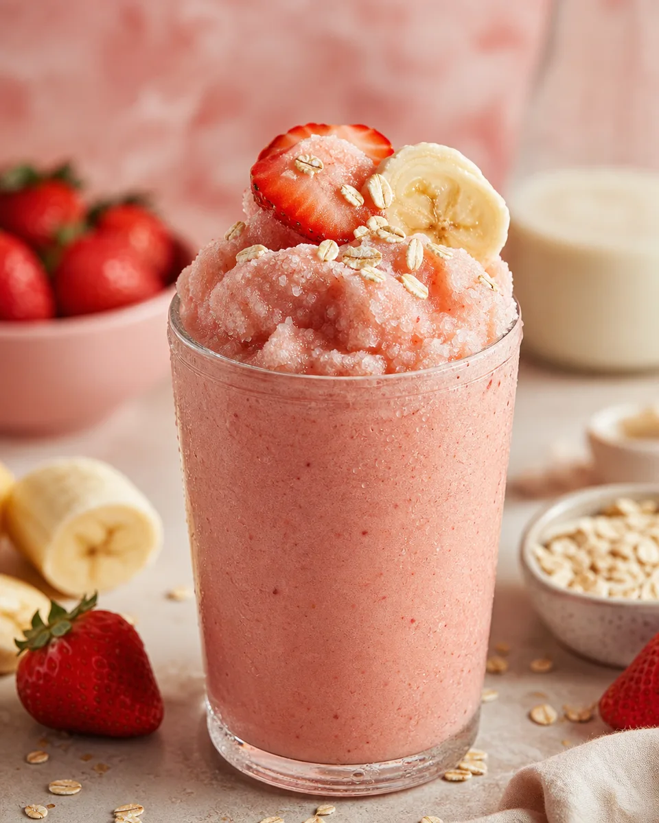 Creamy pink Banana Strawberry Oat Smoothie Slush served in a glass