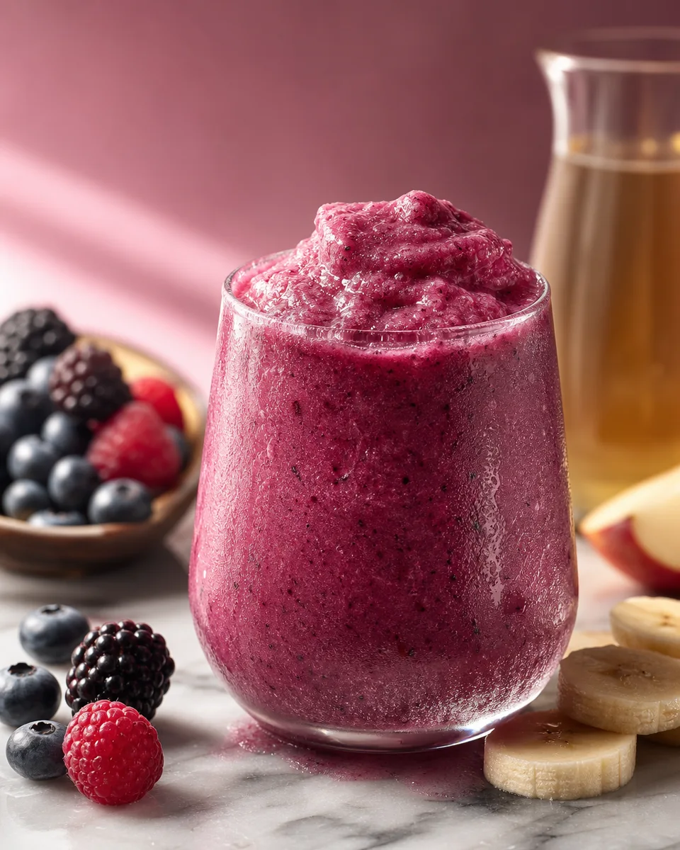 Purple berry banana breakfast smoothie slush in a glass