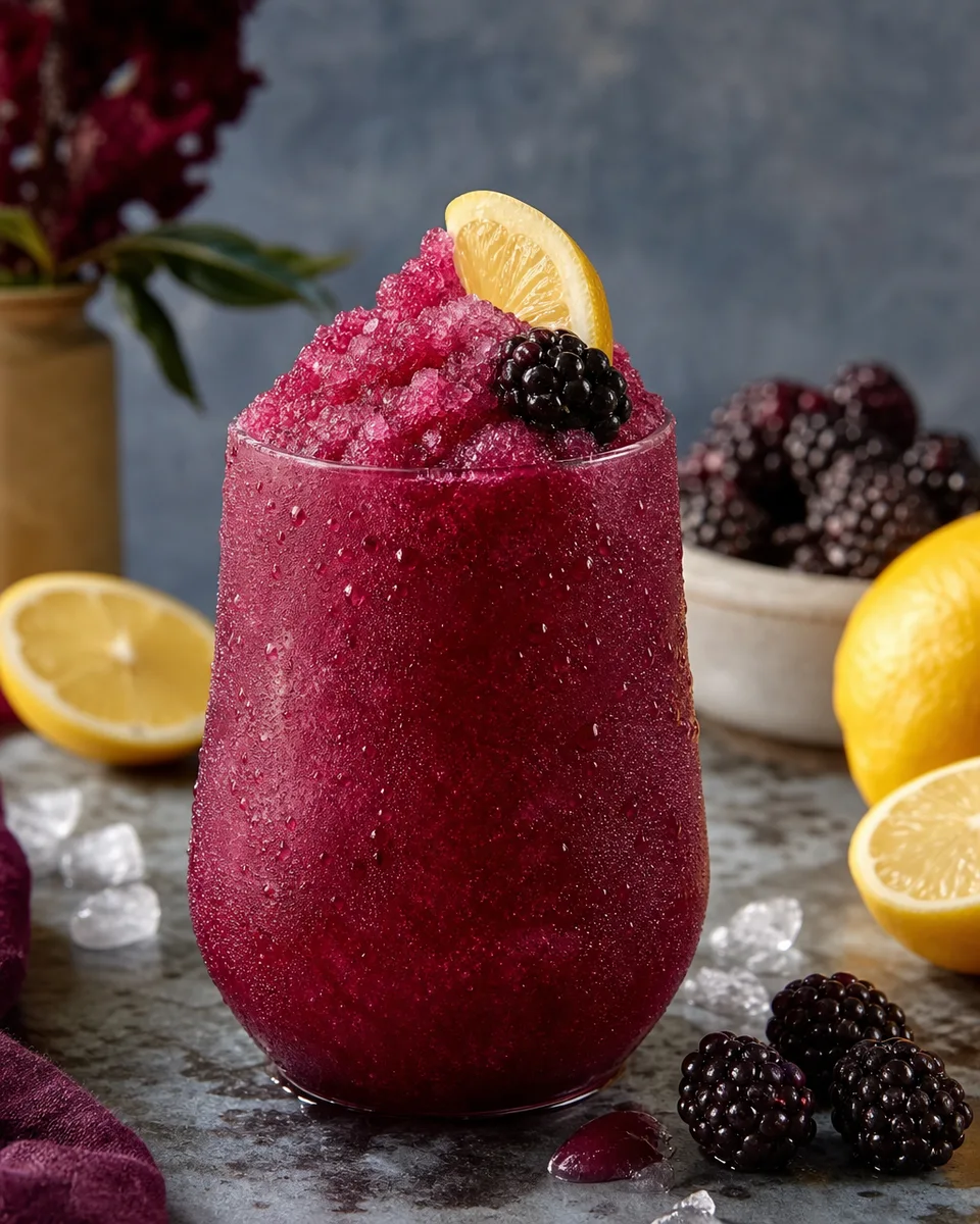 Blackberry Gin Bramble Slush in a chilled glass with a deep berry-purple color