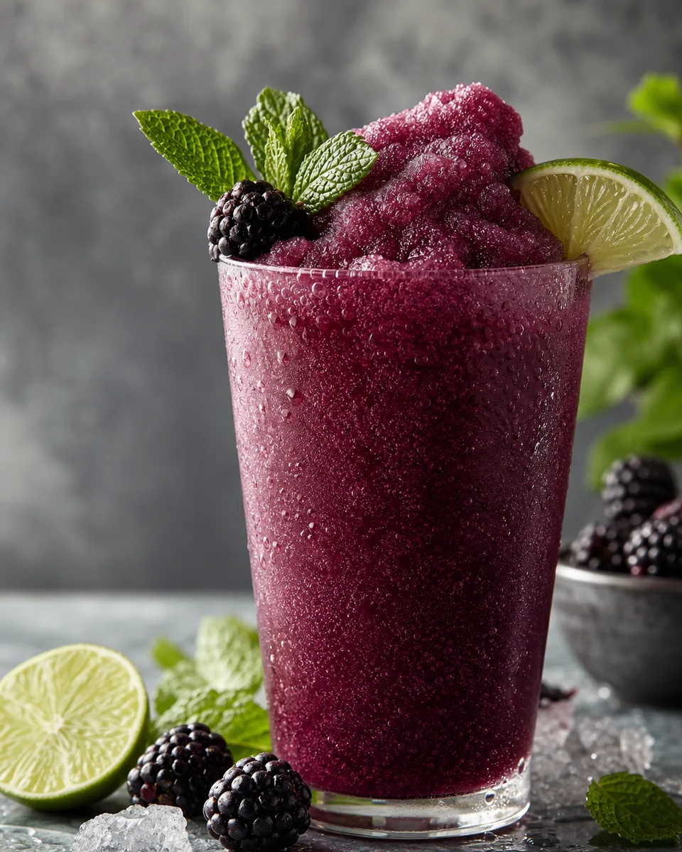 Blackberry Mint Lime Fizz Slush in a glass with a deep purple icy texture