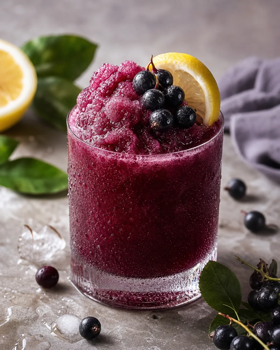 Deep purple Blackcurrant Lemon Cordial Slush in a chilled glass