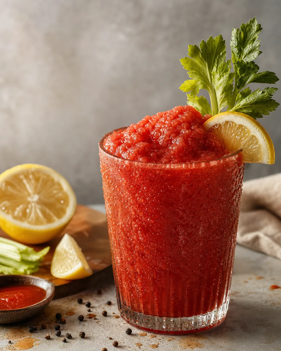 Bloody Mary Slush in a glass with a deep red tomato color