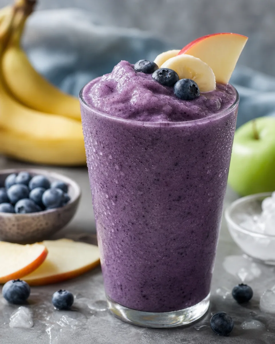 Blueberry Banana Apple Smoothie served thick and icy in a glass