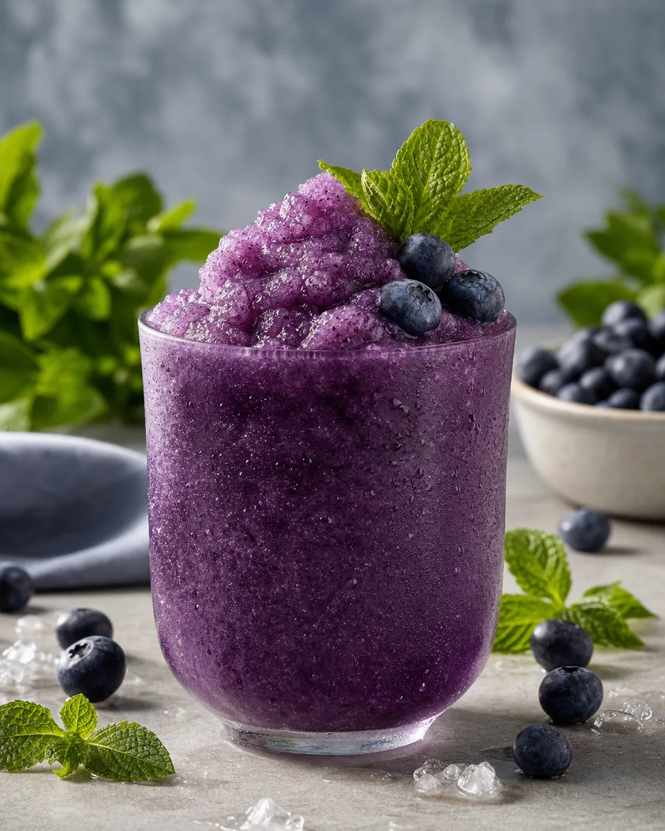 Blueberry Mint Iced Tea Slush served icy in a glass