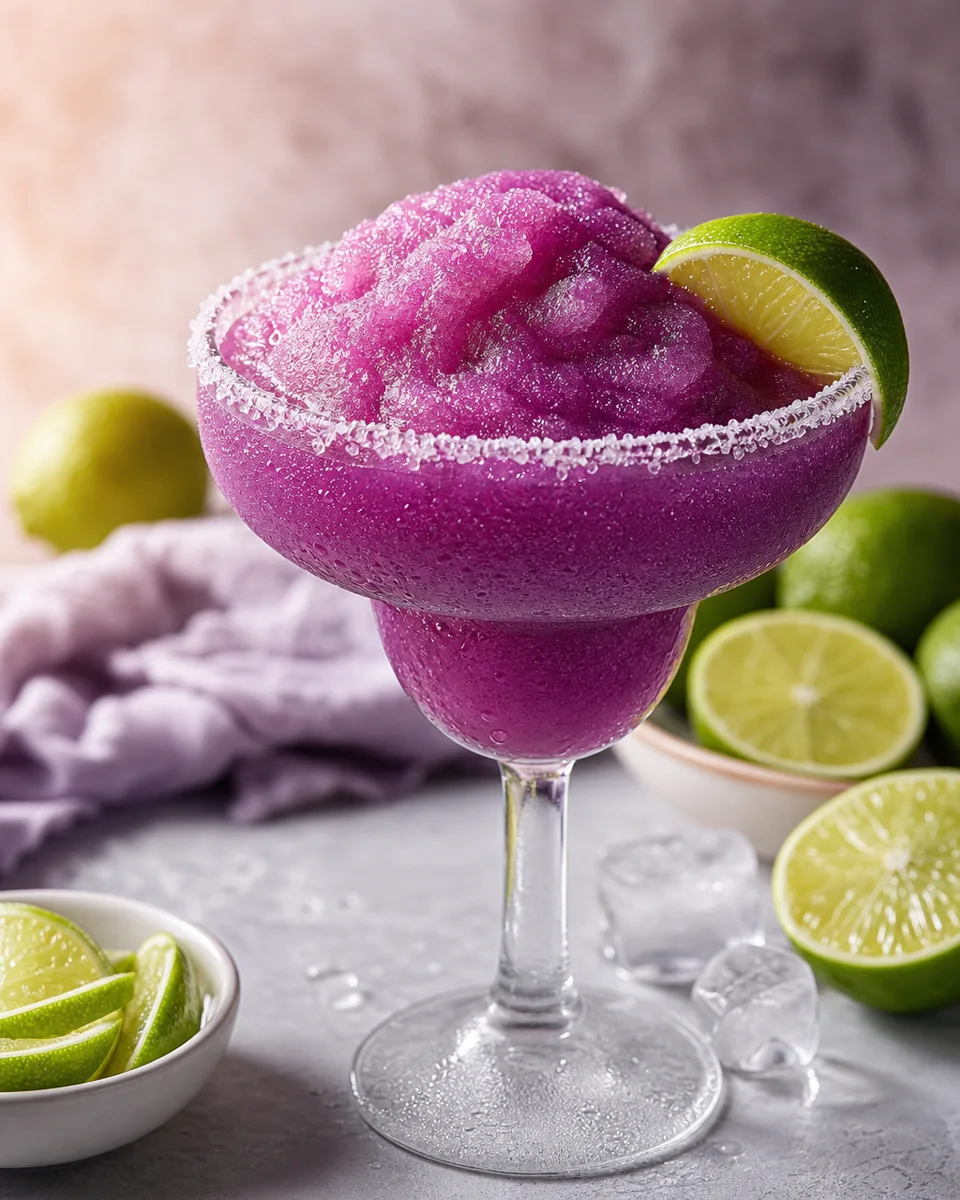 Bomb Pop Margarita Slush in a glass with a vivid purple-red icy texture