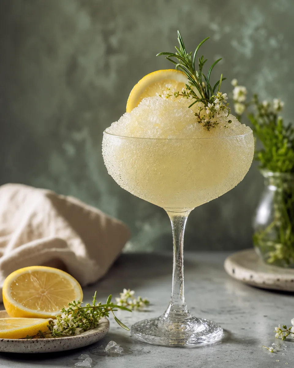 Botanical Tonic Mocktail Slush in a glass with a pale golden icy finish
