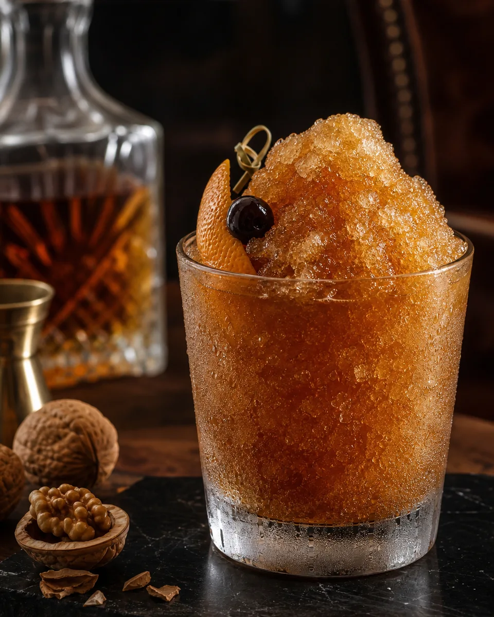 Bourbon Walnut Old Fashioned Slush in a rocks glass with a deep amber color