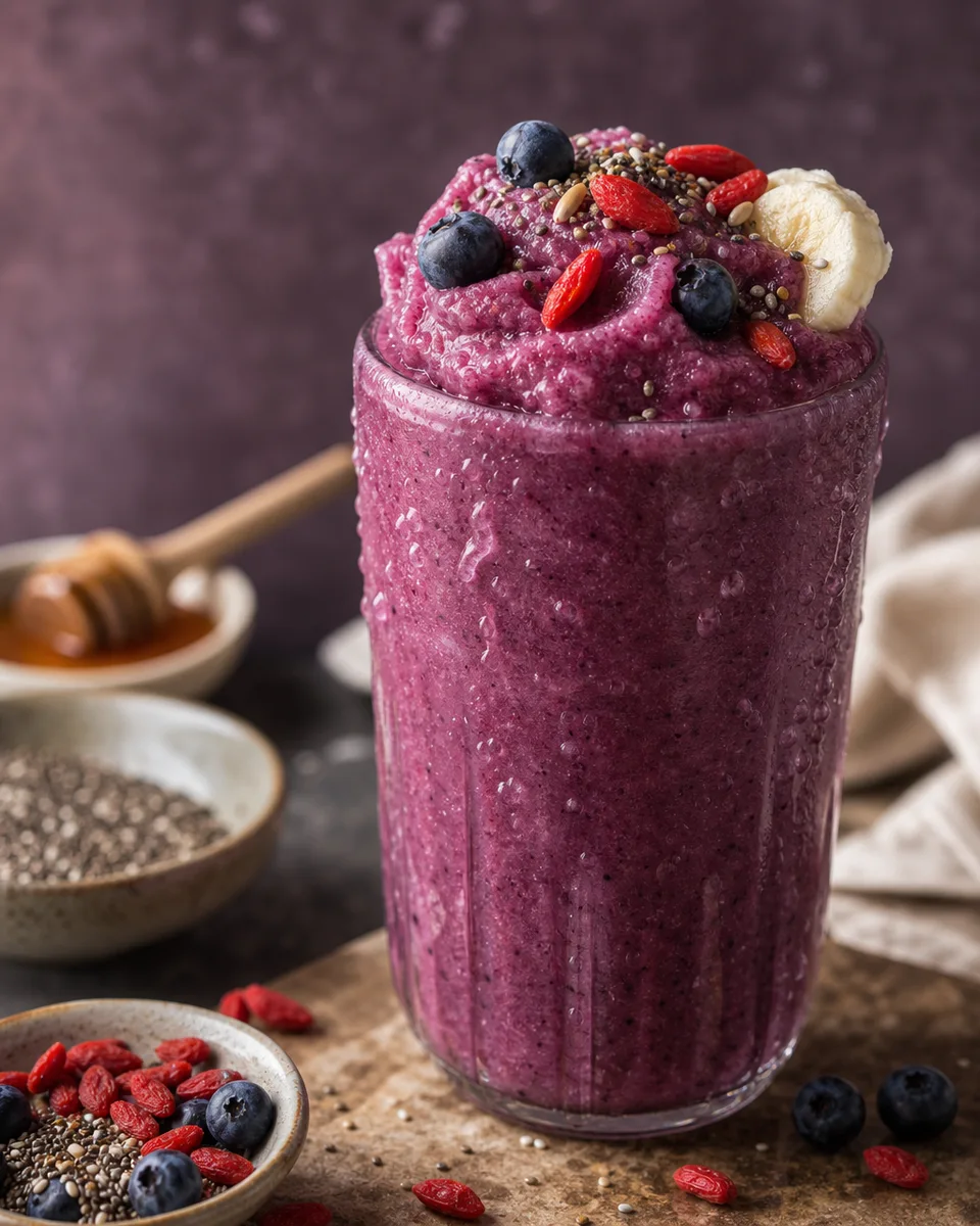 Breakfast Berry Banana Shake in glasses with a creamy purple berry-banana texture