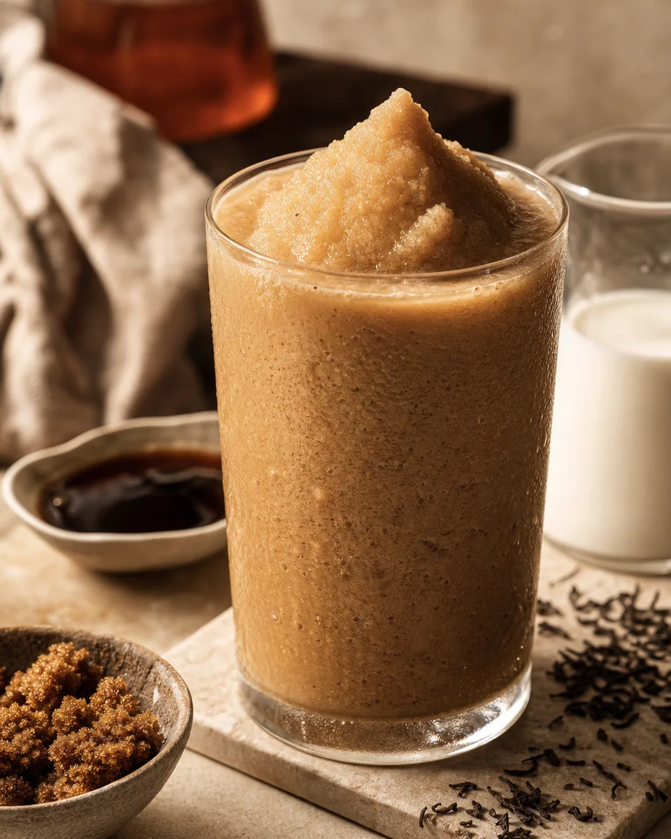 Brown Sugar Milk Tea Slush in a glass with a creamy caramel color