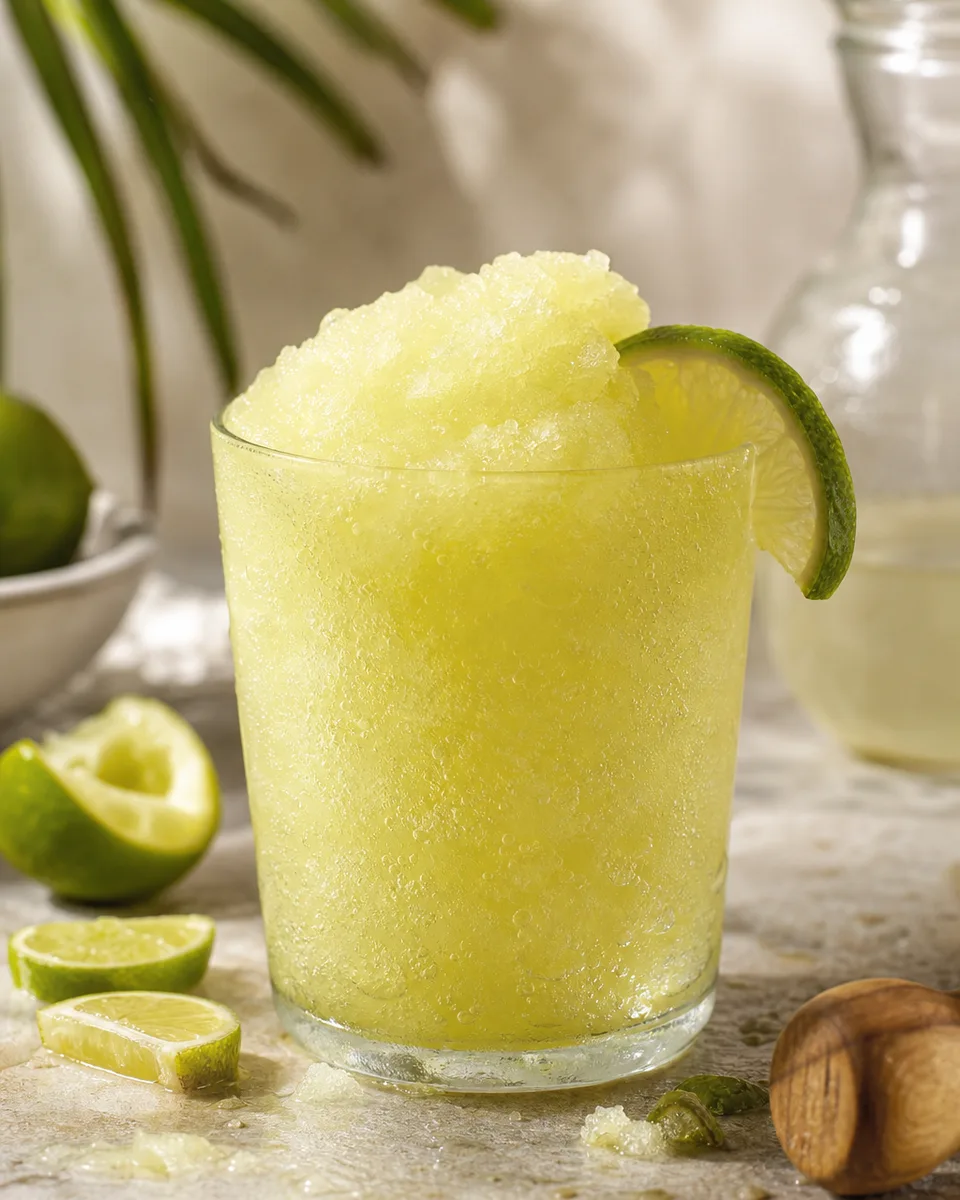 Caipirinha Slush with a pale lime-green icy texture in a chilled glass