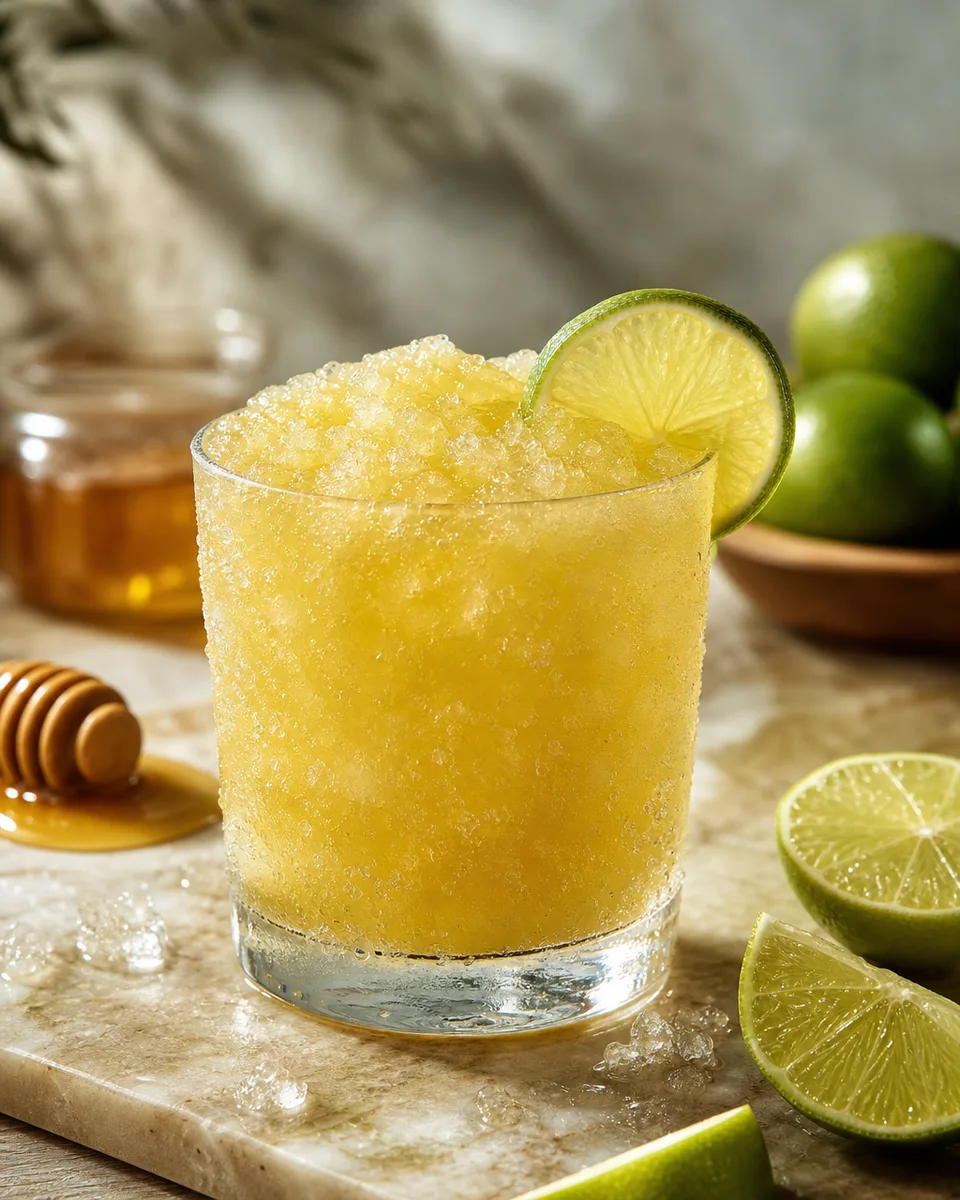 Canchanchara Slush with honey-lime color in a chilled glass