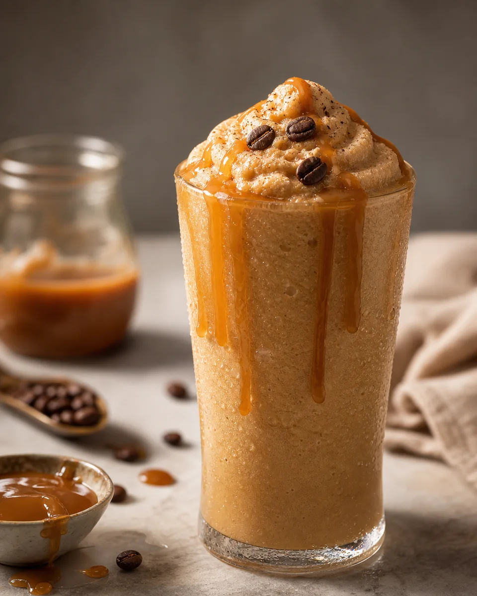 Caramel Espresso Frappe in a glass with a creamy coffee color