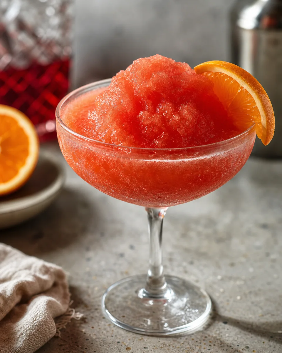 Ruby-orange Cardinale Slush served icy in a chilled glass