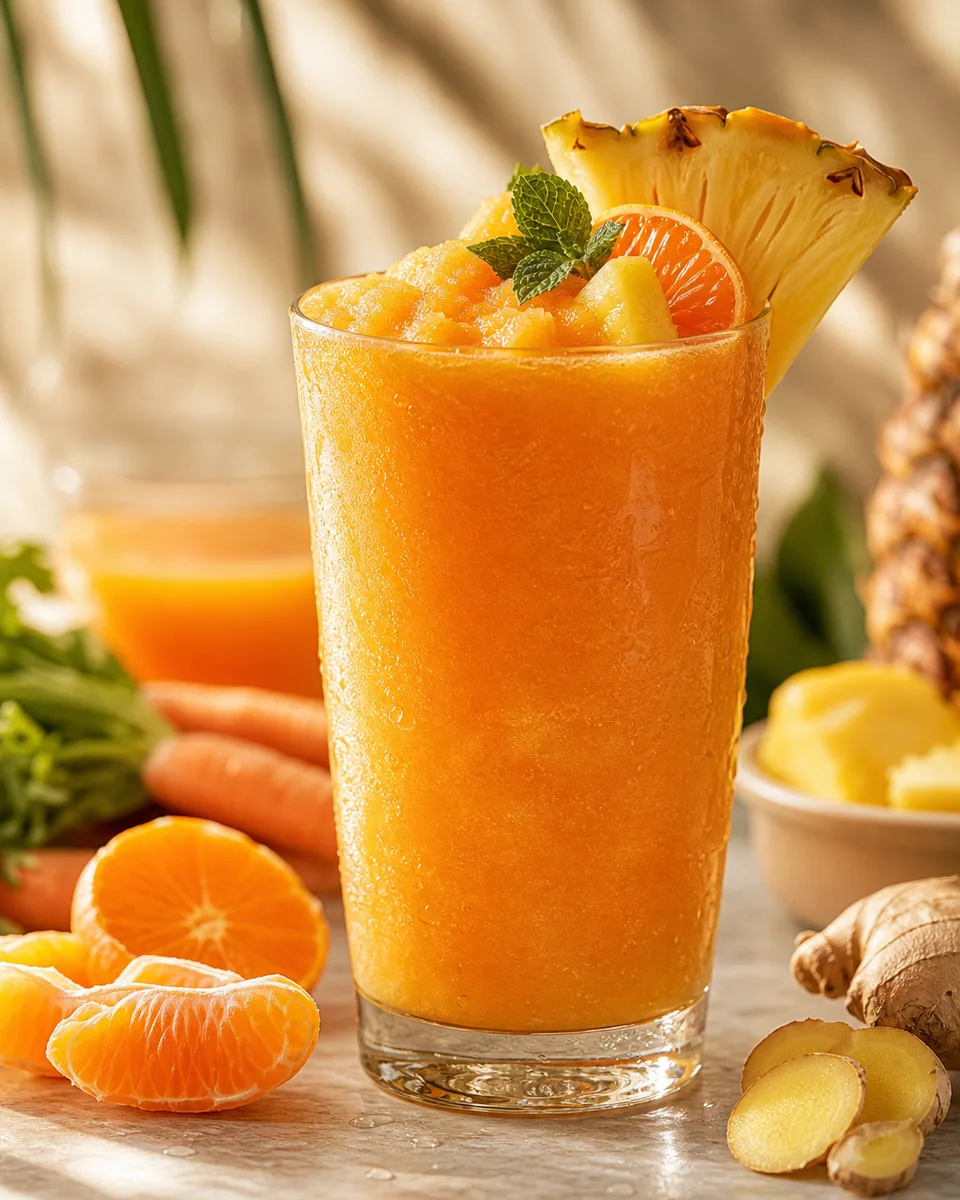 Carrot, clementine, pineapple, and ginger slush in an orange-gold glass
