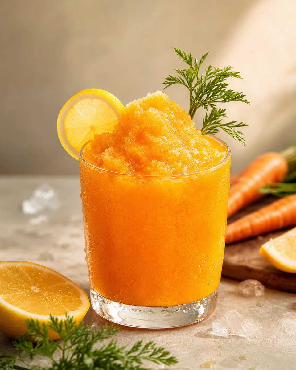Carrot Lemonade Slush in a glass with an orange citrus color