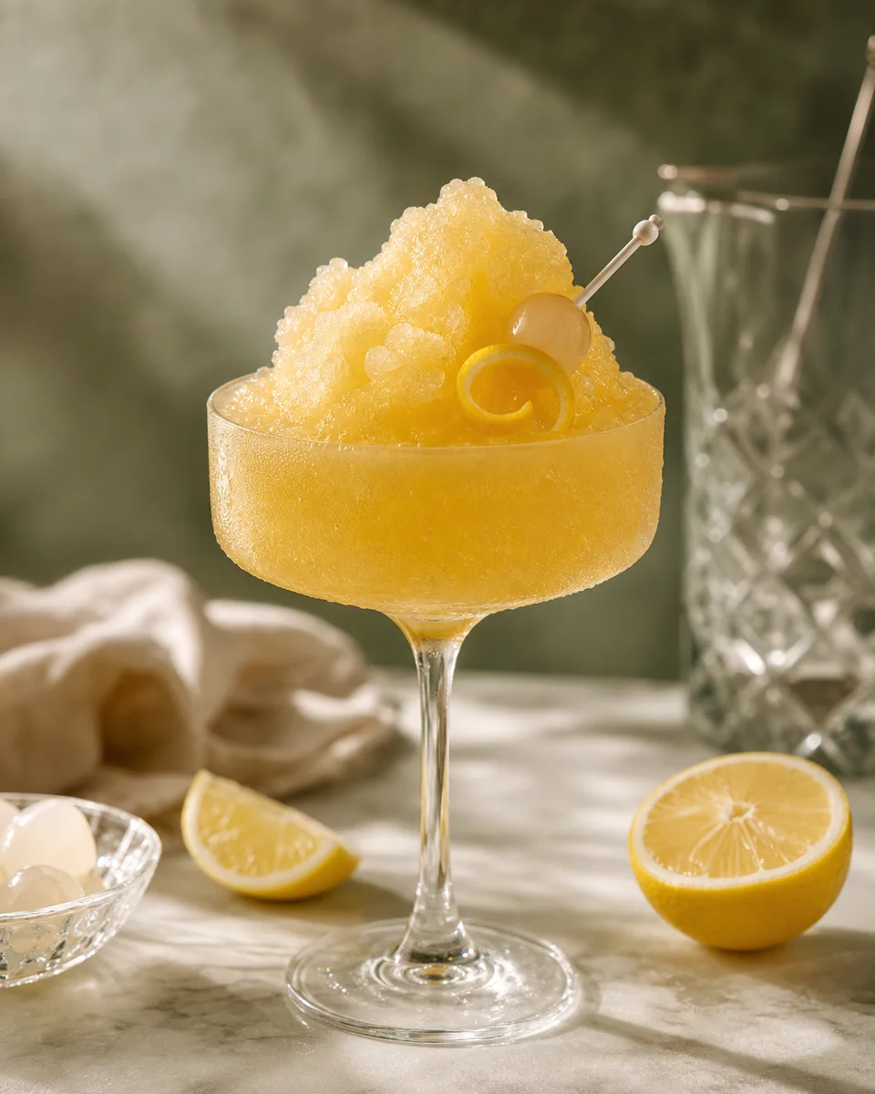 Pale golden Casino gin maraschino slush in a chilled glass
