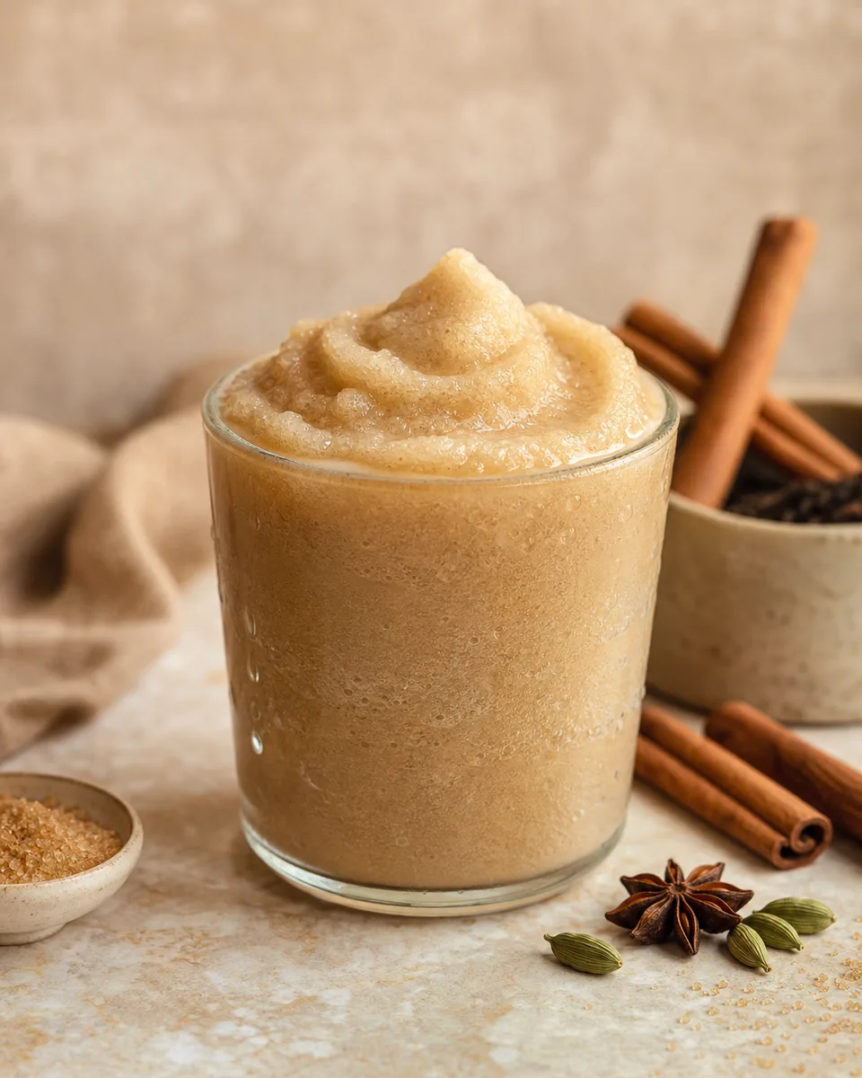 Creamy chai latte slush in a glass with a warm tan color