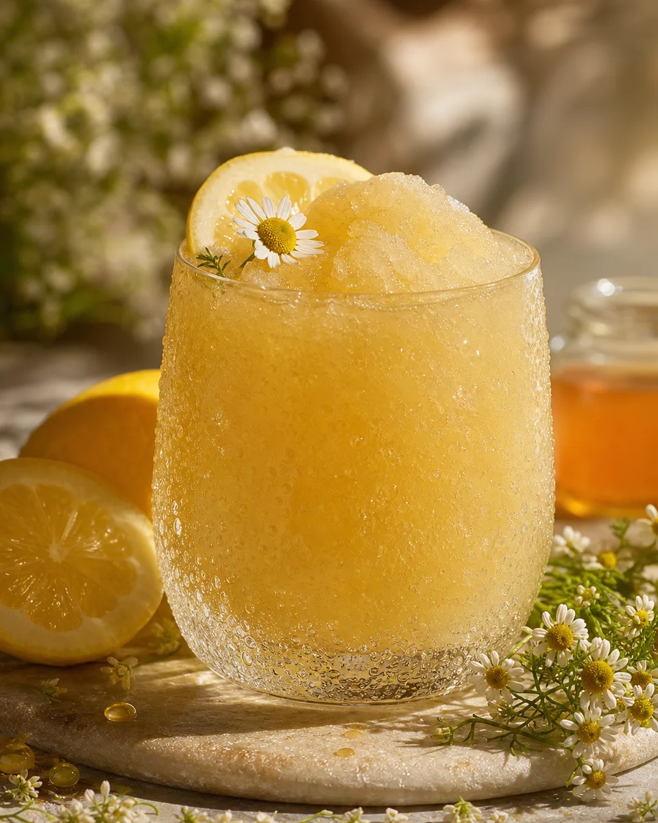 Chamomile Honey Grappa Slush served as a pale golden icy drink