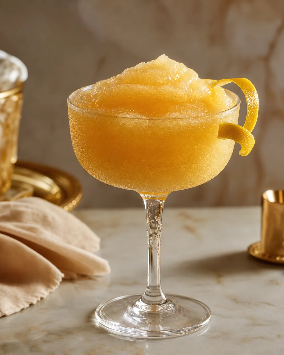 Champagne Cognac Slush in a chilled glass with a pale golden icy texture