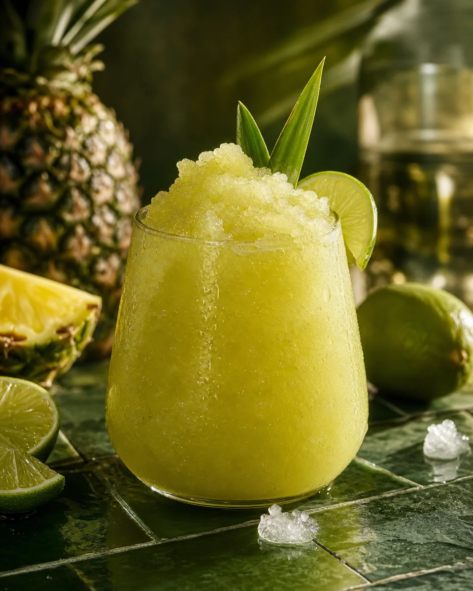 Chartreuse Pineapple Swizzle Slush with a pale green pineapple-lime drink in a glass