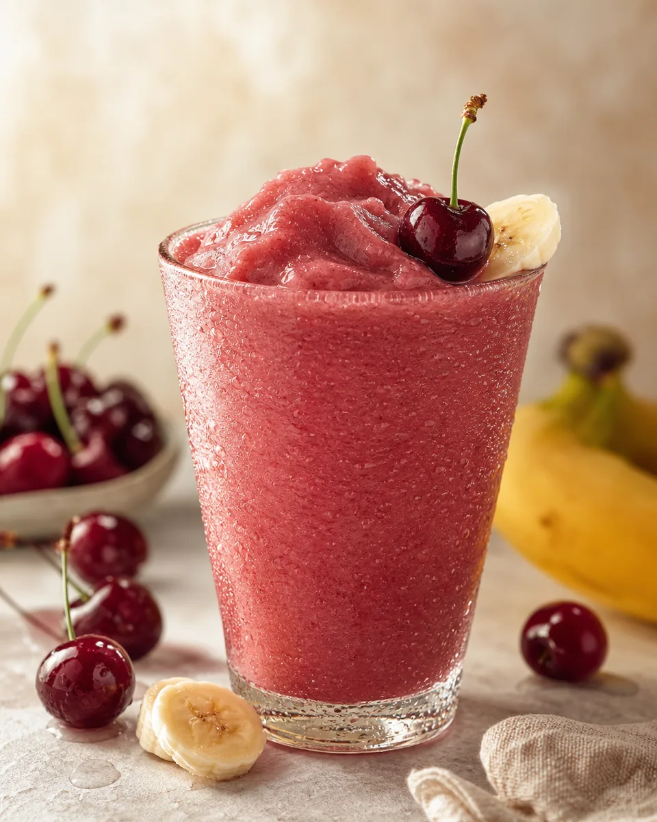 Cherry banana yogurt smoothie slush with a creamy pink-red finish