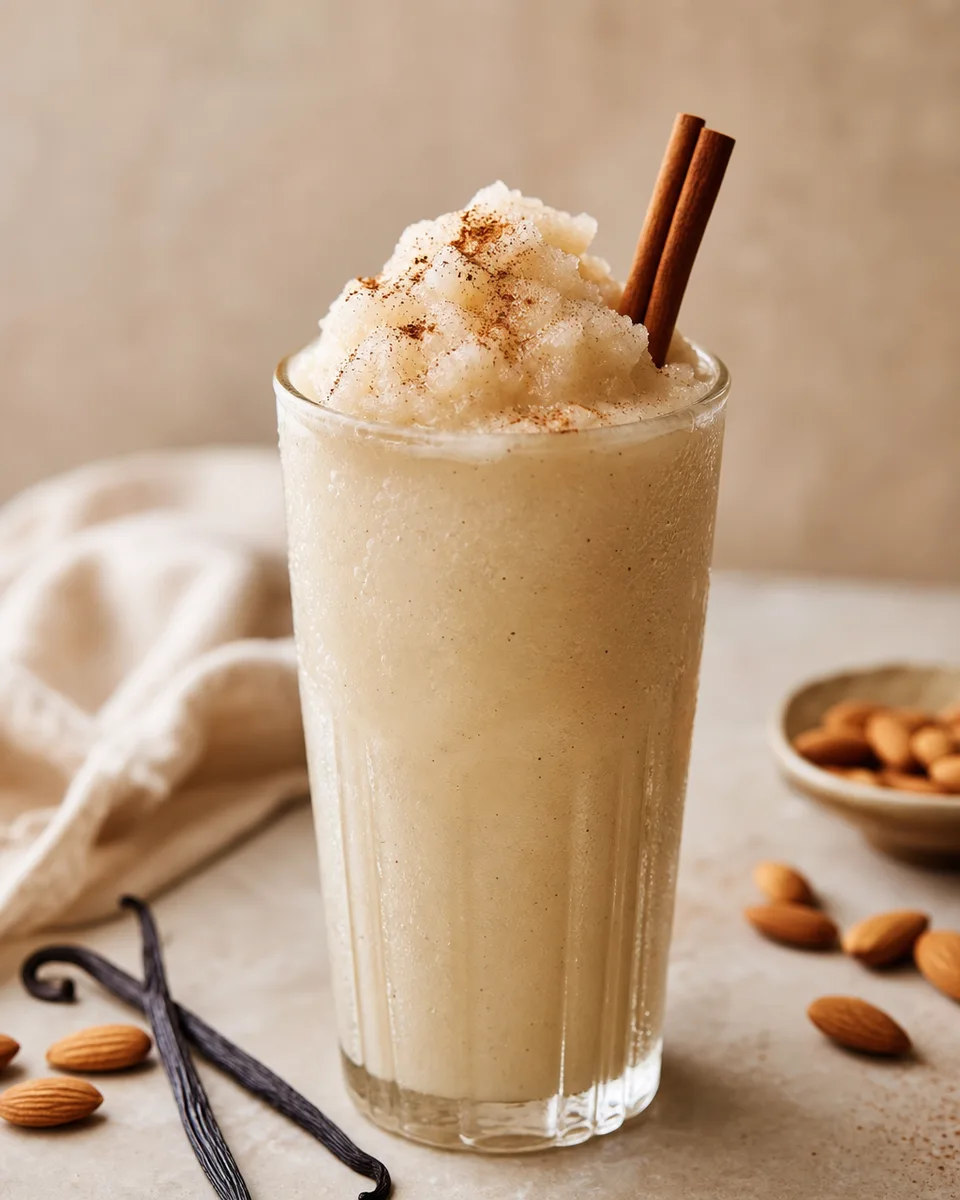 Cinnamon Vanilla Horchata Slush served pale and creamy in a chilled glass