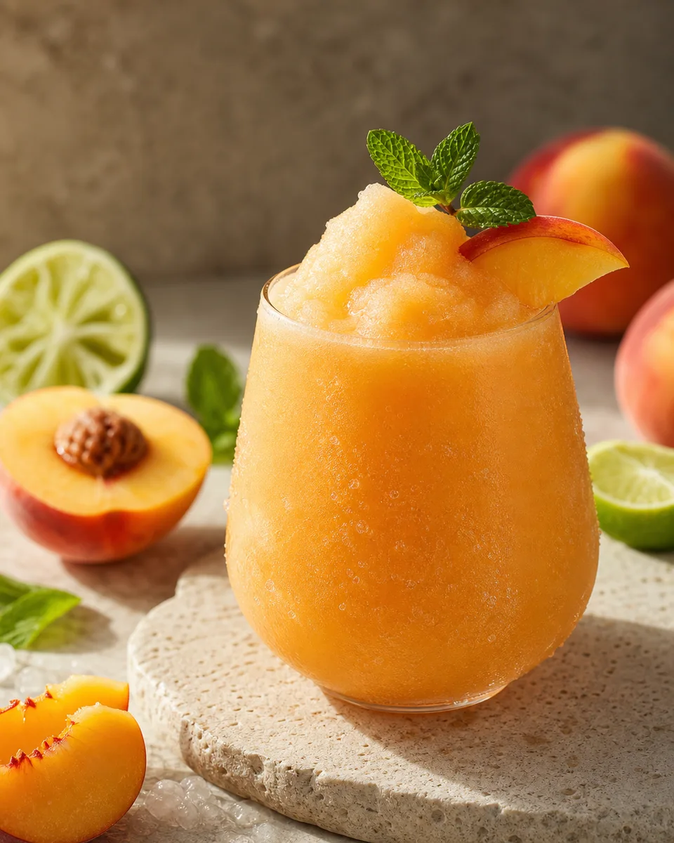 Citrus Peach Cooler Slush with a pale orange icy texture in a glass.