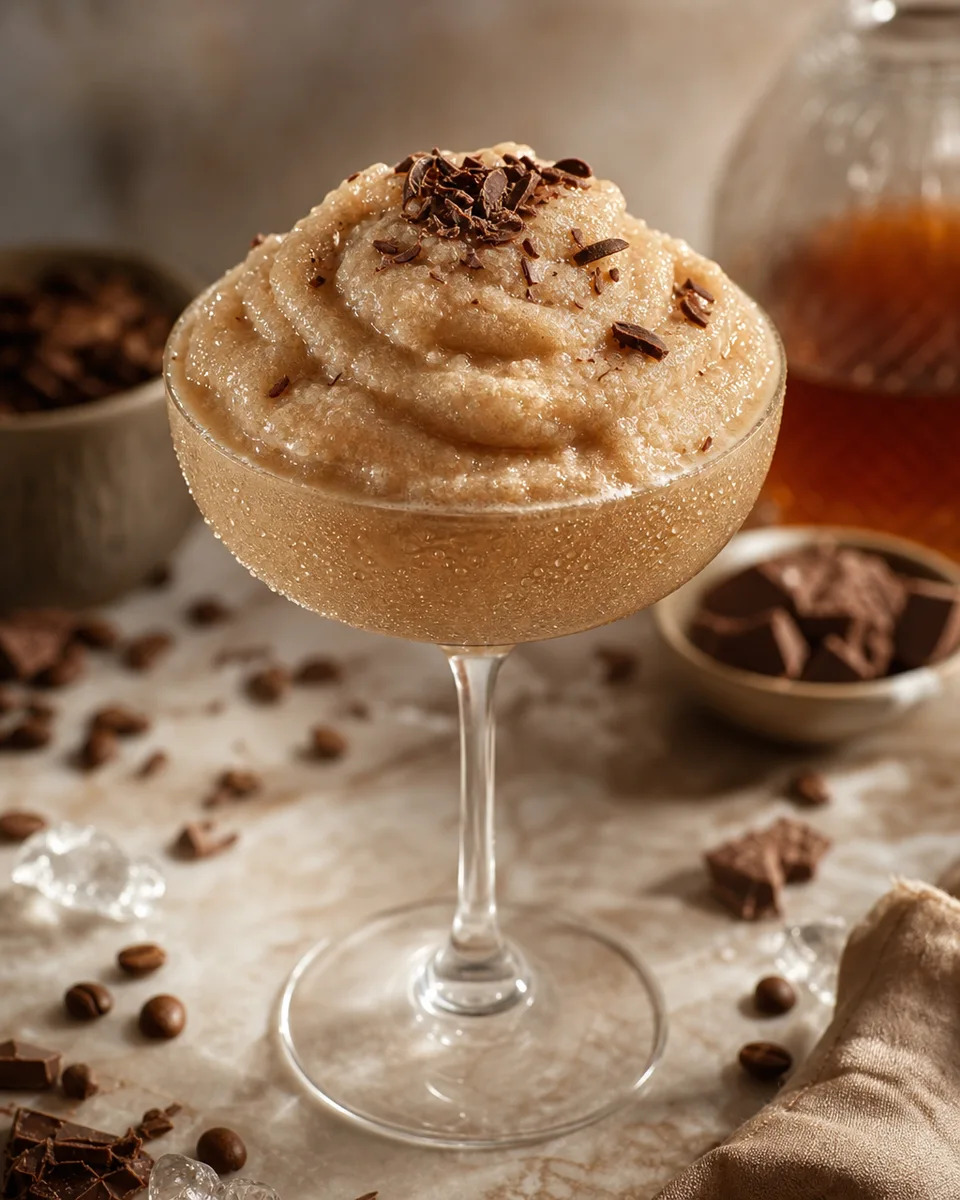Cognac Alexander Slush in a chilled glass with a creamy cocoa-colored finish